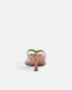 NOU The Kitty sandal in petal pink snakeskin finish with a metallic green insole and gold logo detail.