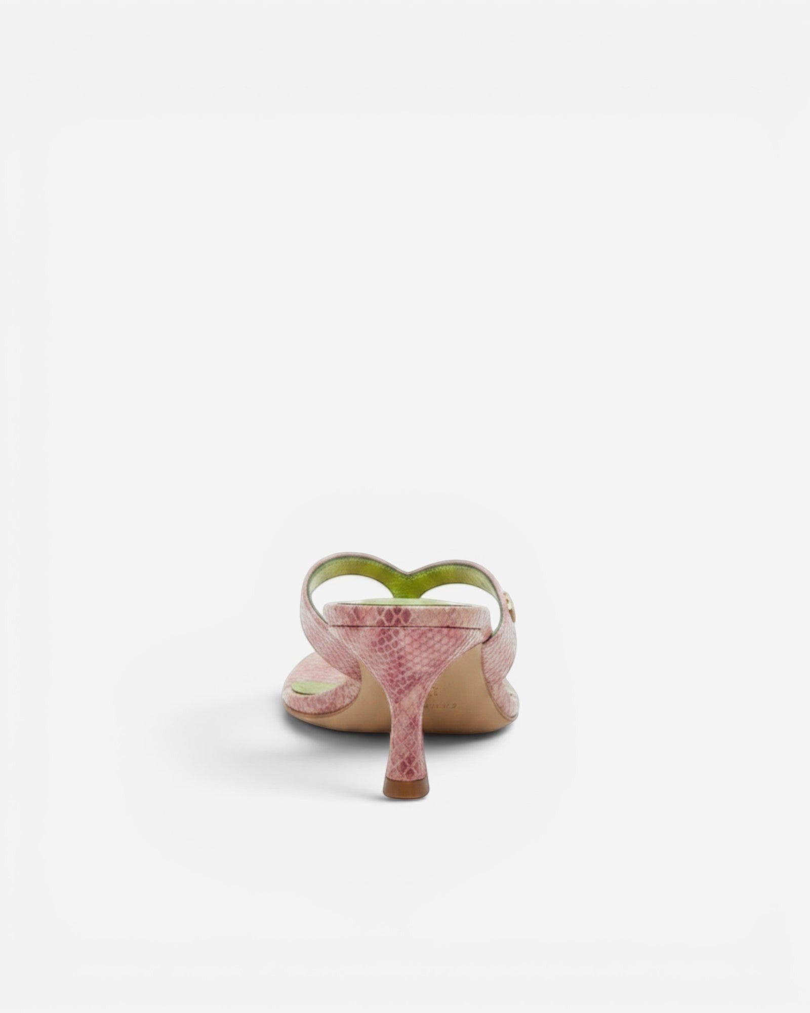 NOU The Kitty sandal in petal pink snakeskin finish with a metallic green insole and gold logo detail.