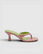 NOU The Kitty pink snakeskin print kitten heel thong sandal with lime green insole