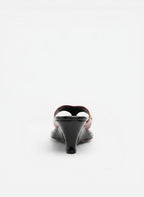 NOU The Puff Wedge patent leather slide sandals in Cola combo with a 3" black patent wedge heel and puffed straps.
