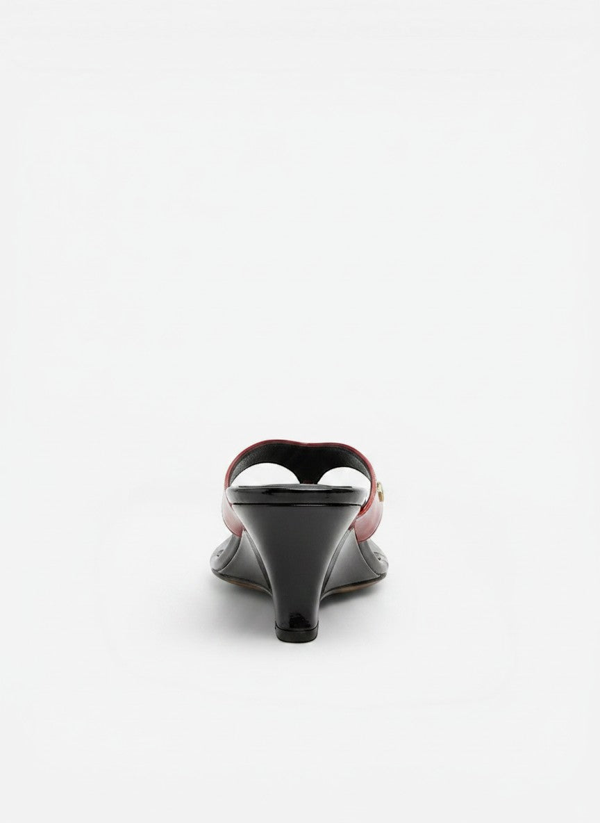 NOU The Puff Wedge patent leather slide sandals in Cola combo with a 3" black patent wedge heel and puffed straps.