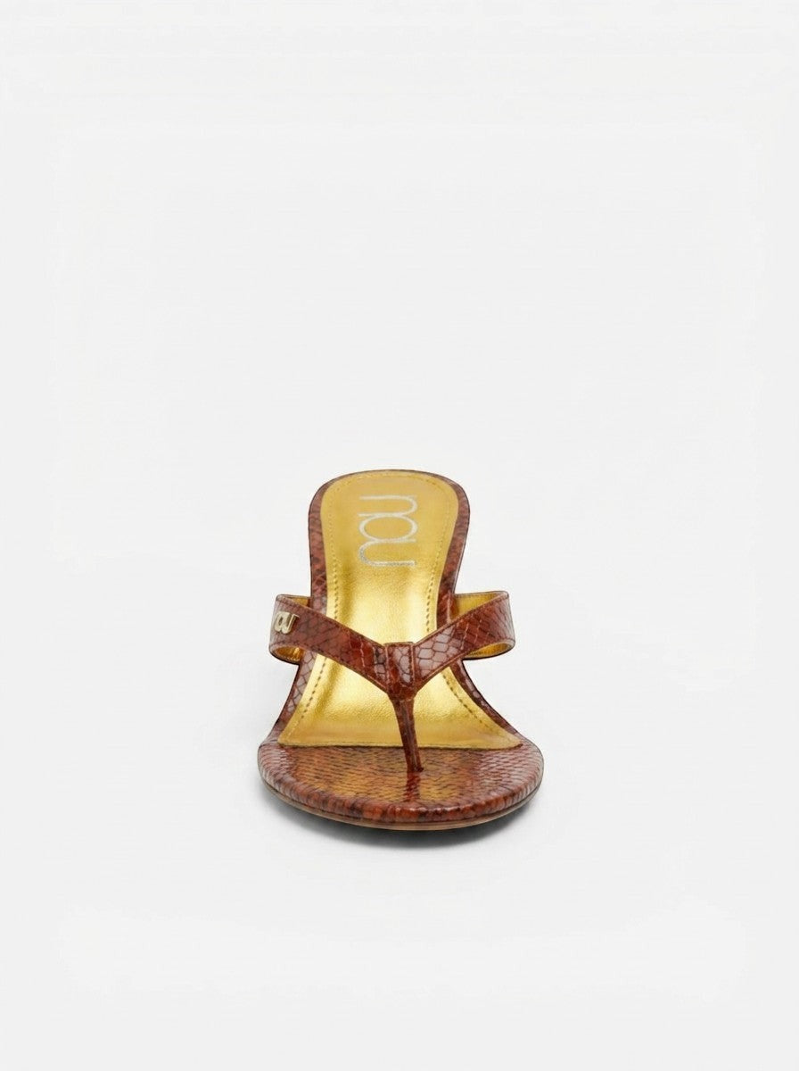 NOU The Puff Wedge thong sandals in brown snakeskin with puffed straps and gold logo detail.