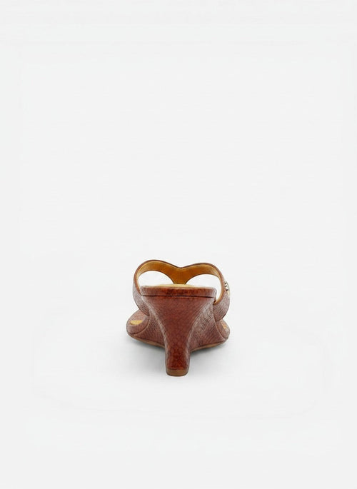 NOU The Puff Wedge sandals in snakeskin print leather with a 3" sculpted wedge heel and plush straps. Citrus colorway.