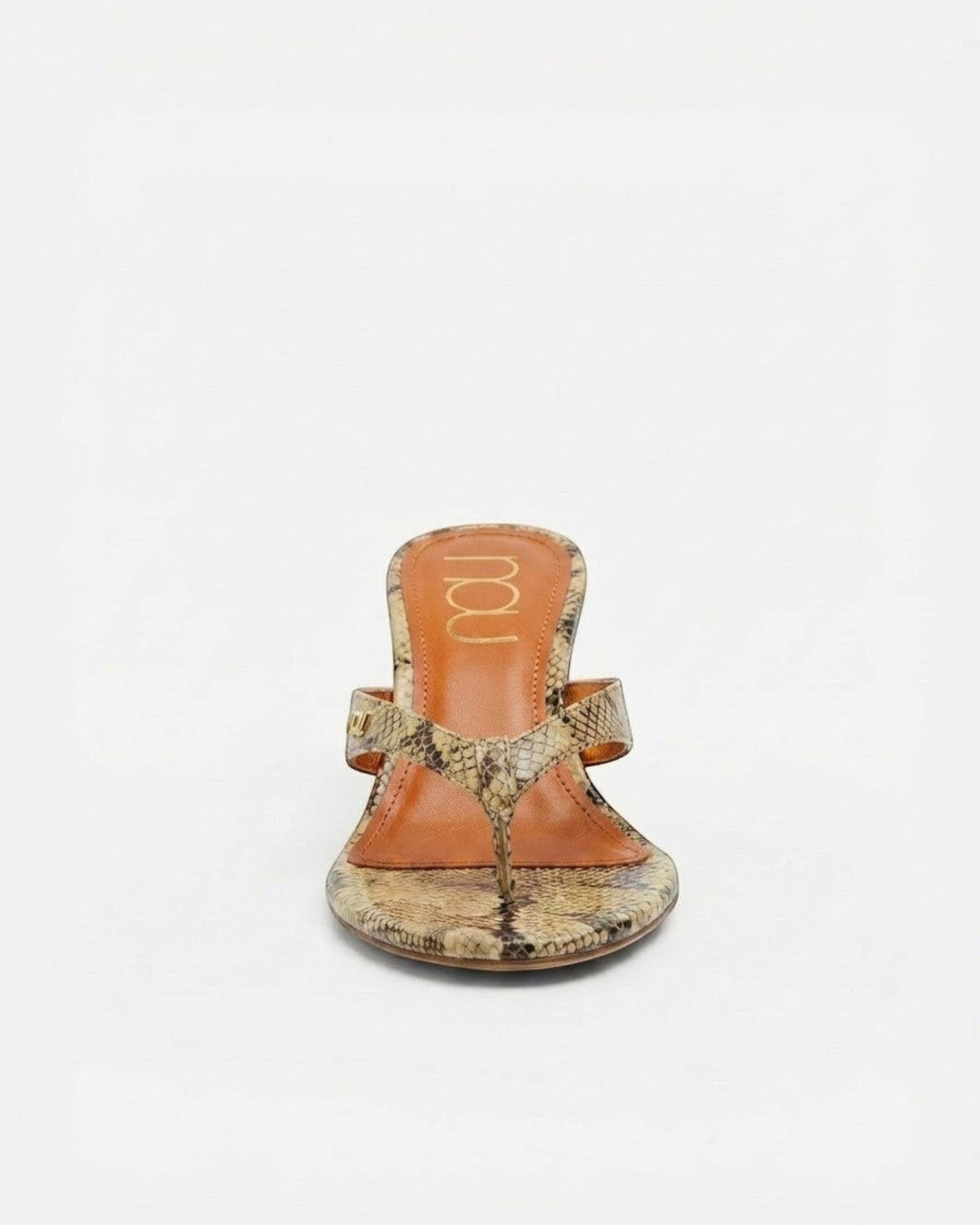 NOU The Puff Wedge in Creamsicle python snakeskin finish with a 3-inch sculptural heel and metallic orange insole.