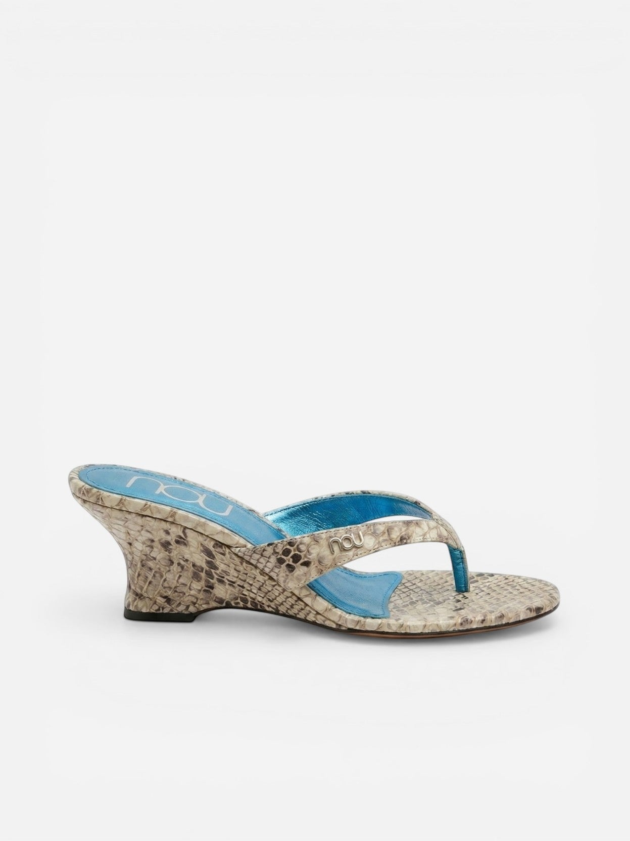 NOU women's silver snakeskin wedge sandals with blue insole and puffed straps. 3" heel.