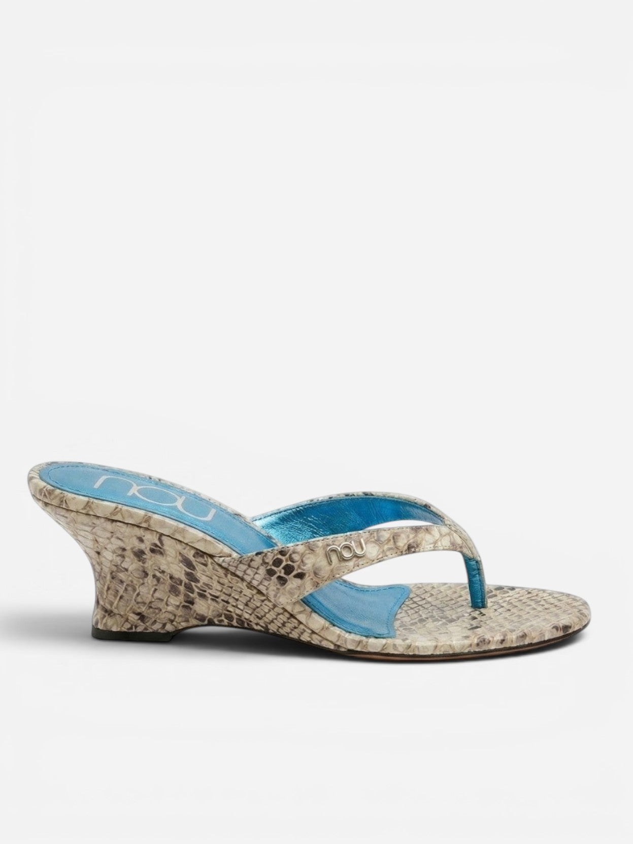 NOU women's silver snakeskin wedge sandals with blue insole and puffed straps. 3" heel.