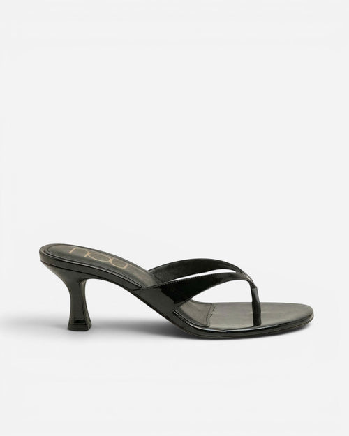 NOU The Kitty patent black licorice kitten heel sandal with sculpted straps and a padded insole