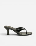NOU The Kitty patent black licorice kitten heel sandal with sculpted straps and a padded insole