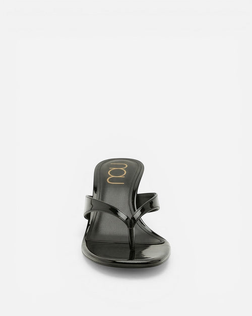 NOU The Kitty black patent leather kitten heel sandals with sculpted straps and a padded insole.