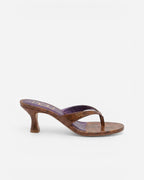 NOU The Kitty brown snakeskin-embossed kitten heel thong sandal with purple insole