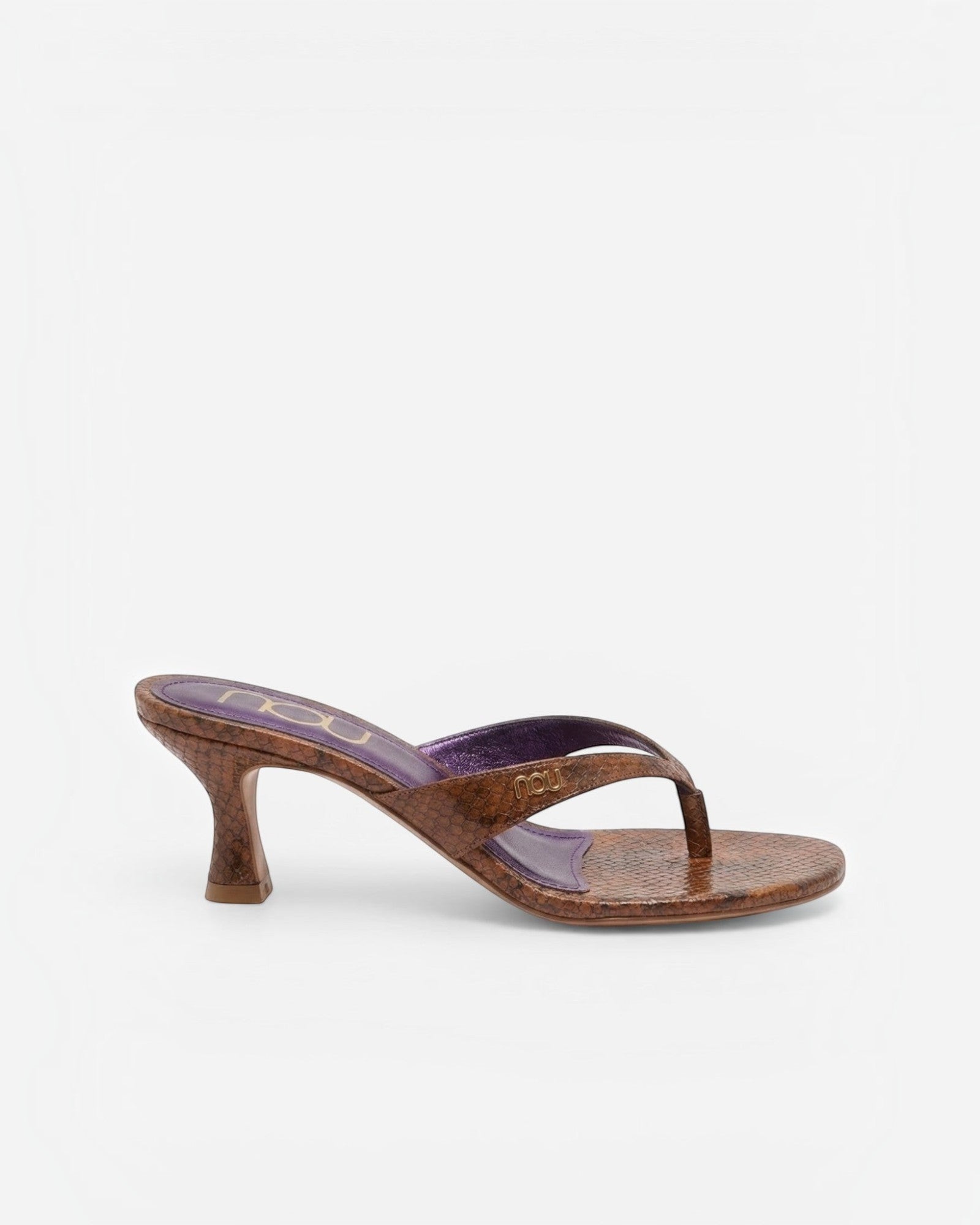 NOU The Kitty brown snakeskin-embossed kitten heel thong sandal with purple insole