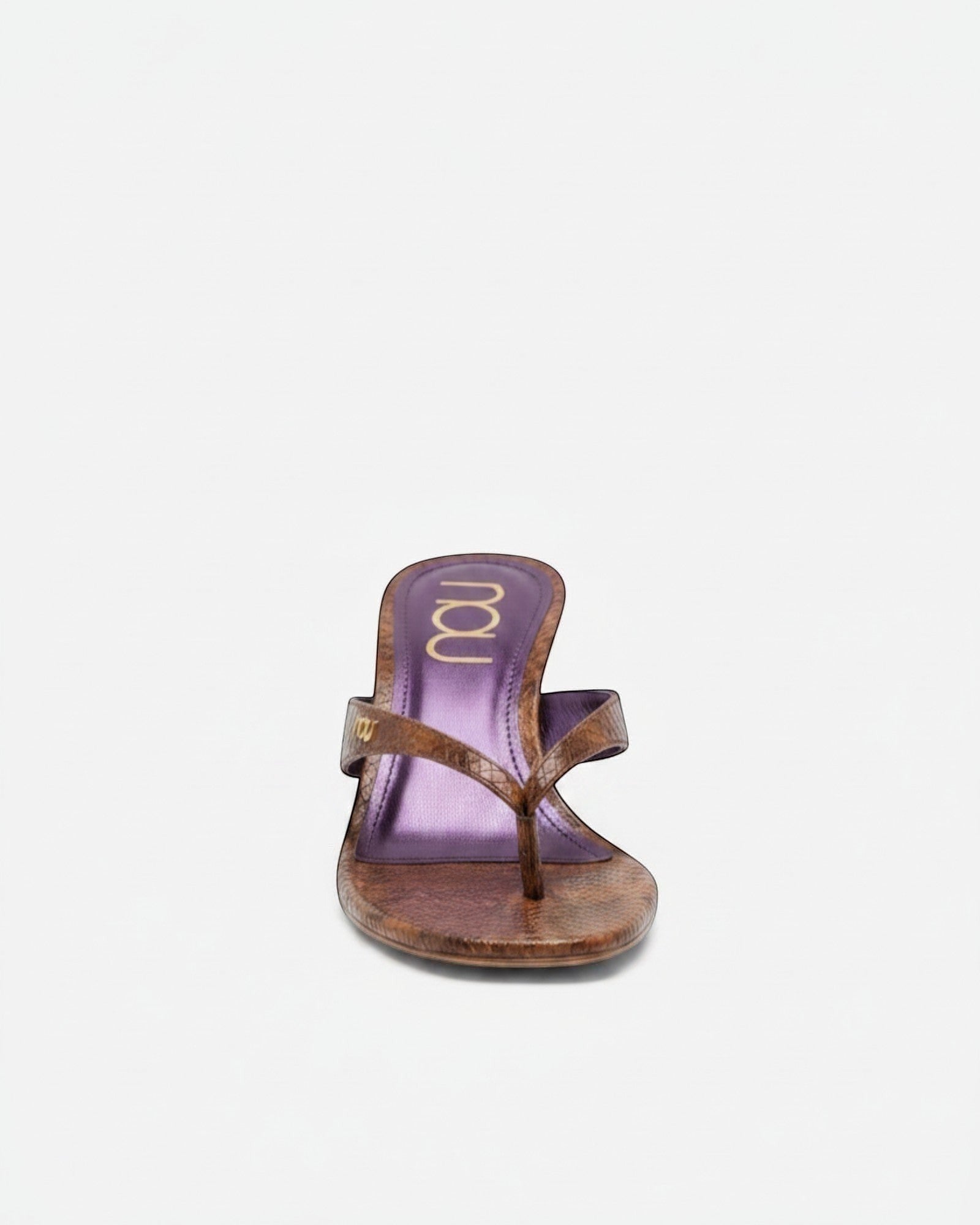 NOU The Kitty kitten heel sandal in chocolate brown snakeskin finish with a metallic purple insole and gold logo.