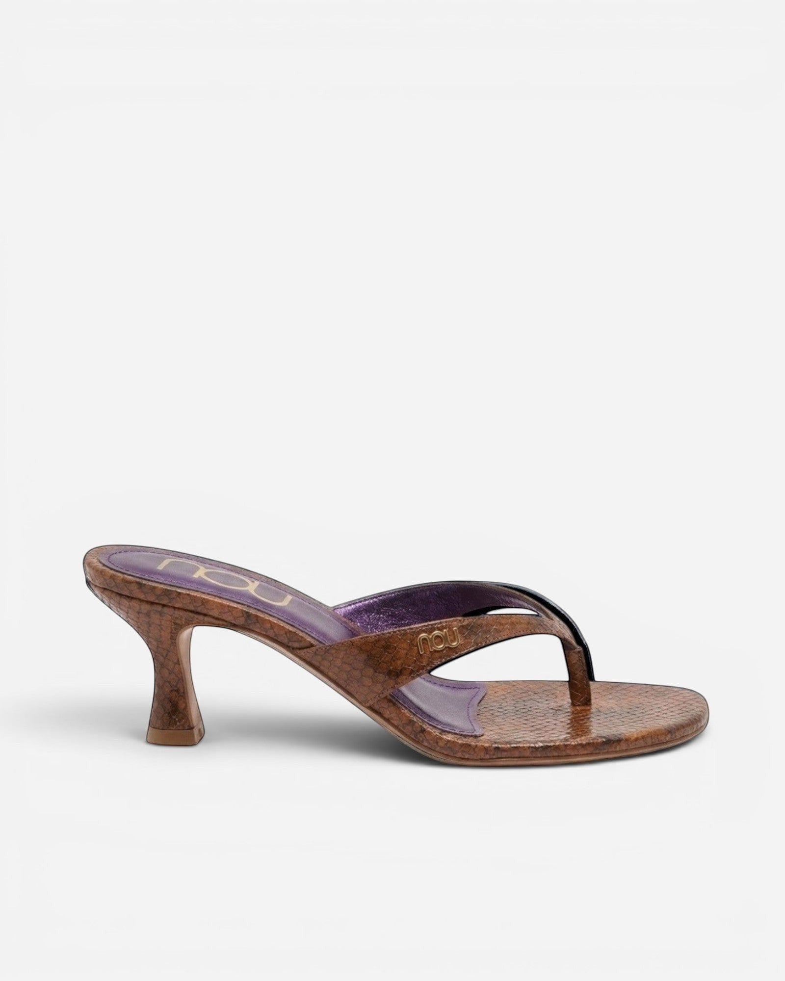 NOU The Kitty kitten heel sandal in chocolate brown snakeskin finish with a metallic purple insole and gold logo.