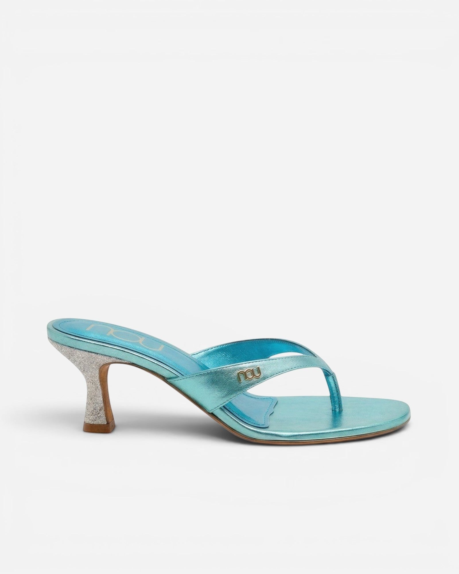 NOU The Kitty metallic blue kitten heel thong sandal with silver glitter heel and padded insole