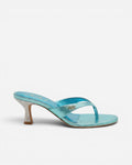 NOU The Kitty metallic blue kitten heel thong sandal with silver glitter heel and padded insole