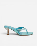 NOU The Kitty metallic blue kitten heel thong sandal with silver glitter heel and padded insole