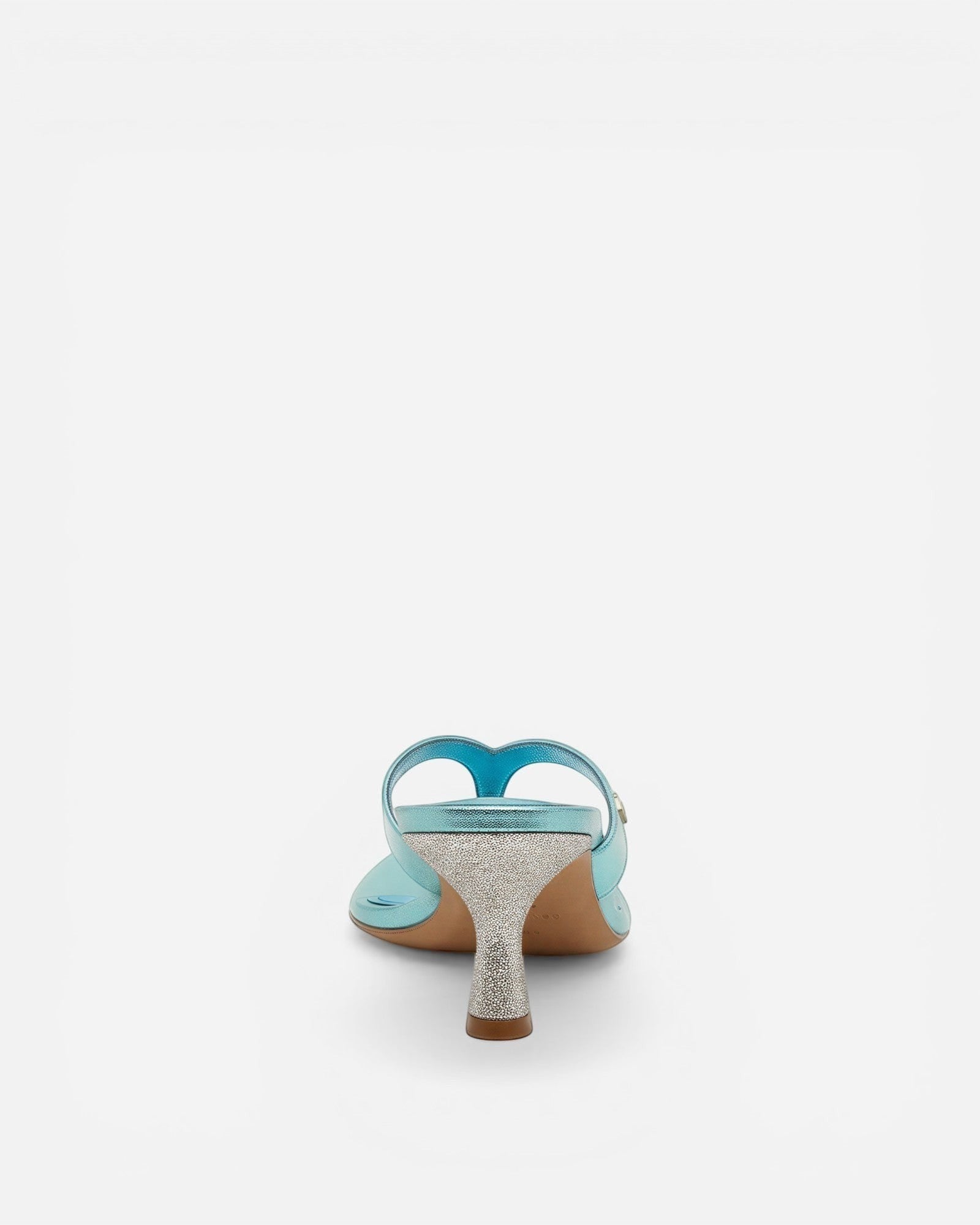 NOU The Kitty metallic blue kitten heel thong sandal with silver glitter heel and padded insole