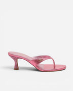 NOU The Kitty bubblegum pink metallic kitten heel sandal with a glittery sculpted heel and padded insole