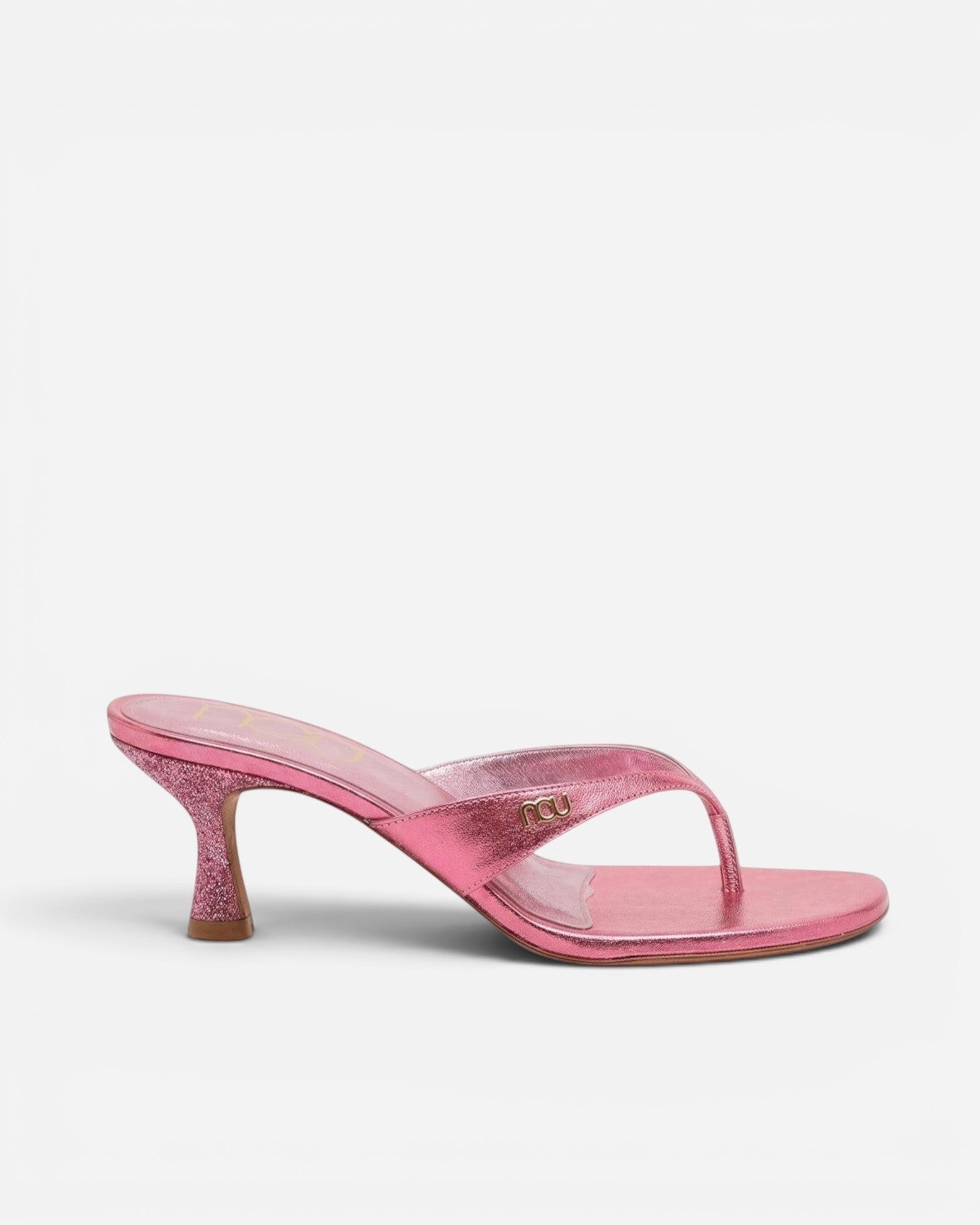 NOU The Kitty bubblegum pink metallic kitten heel sandal with a glittery sculpted heel and padded insole