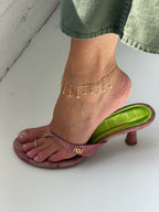 NOU The Kitty petal pink snakeskin kitten heel sandal with metallic green insole and gold logo detail