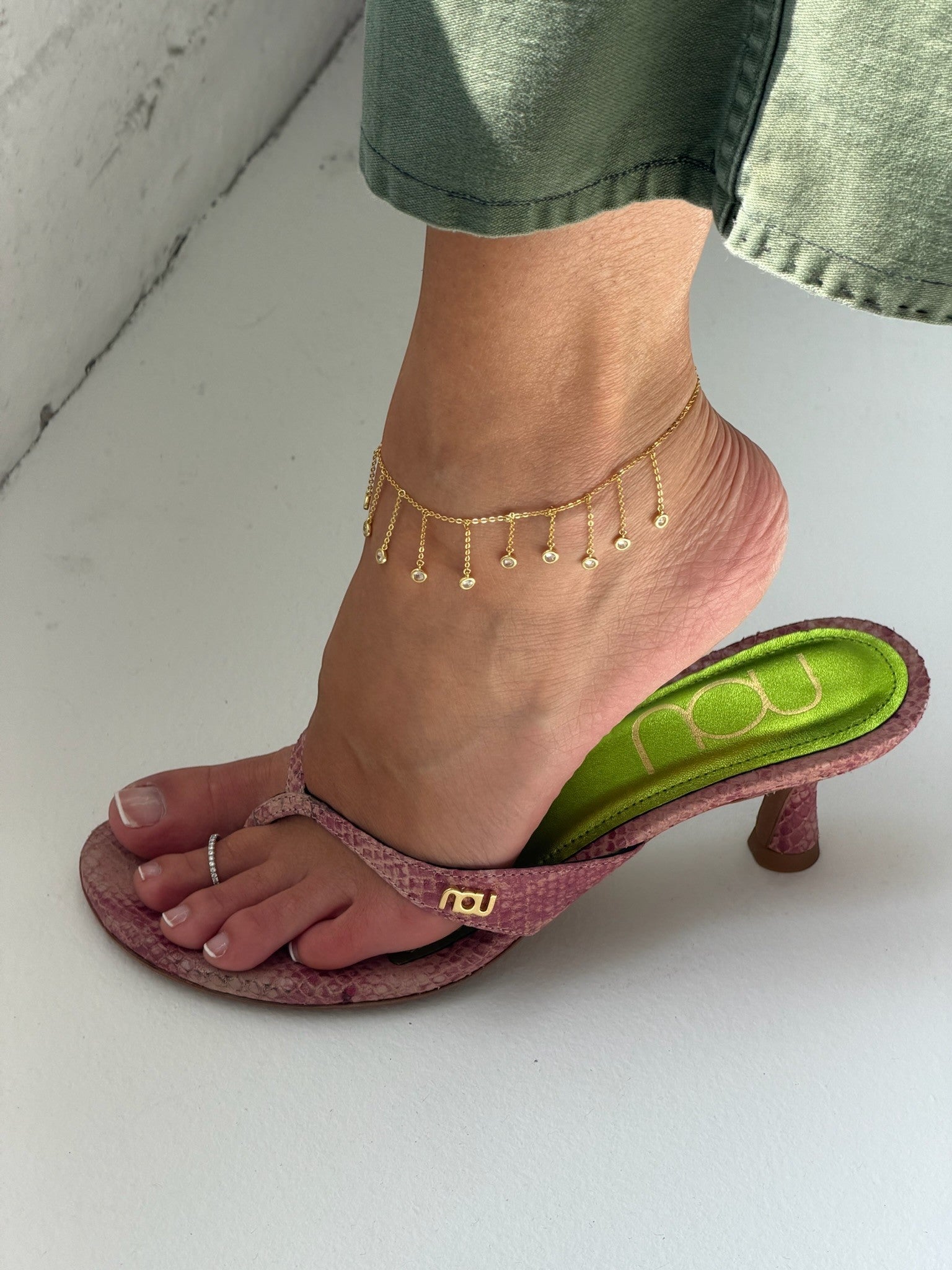 NOU The Kitty petal pink snakeskin kitten heel sandal with metallic green insole and gold logo detail