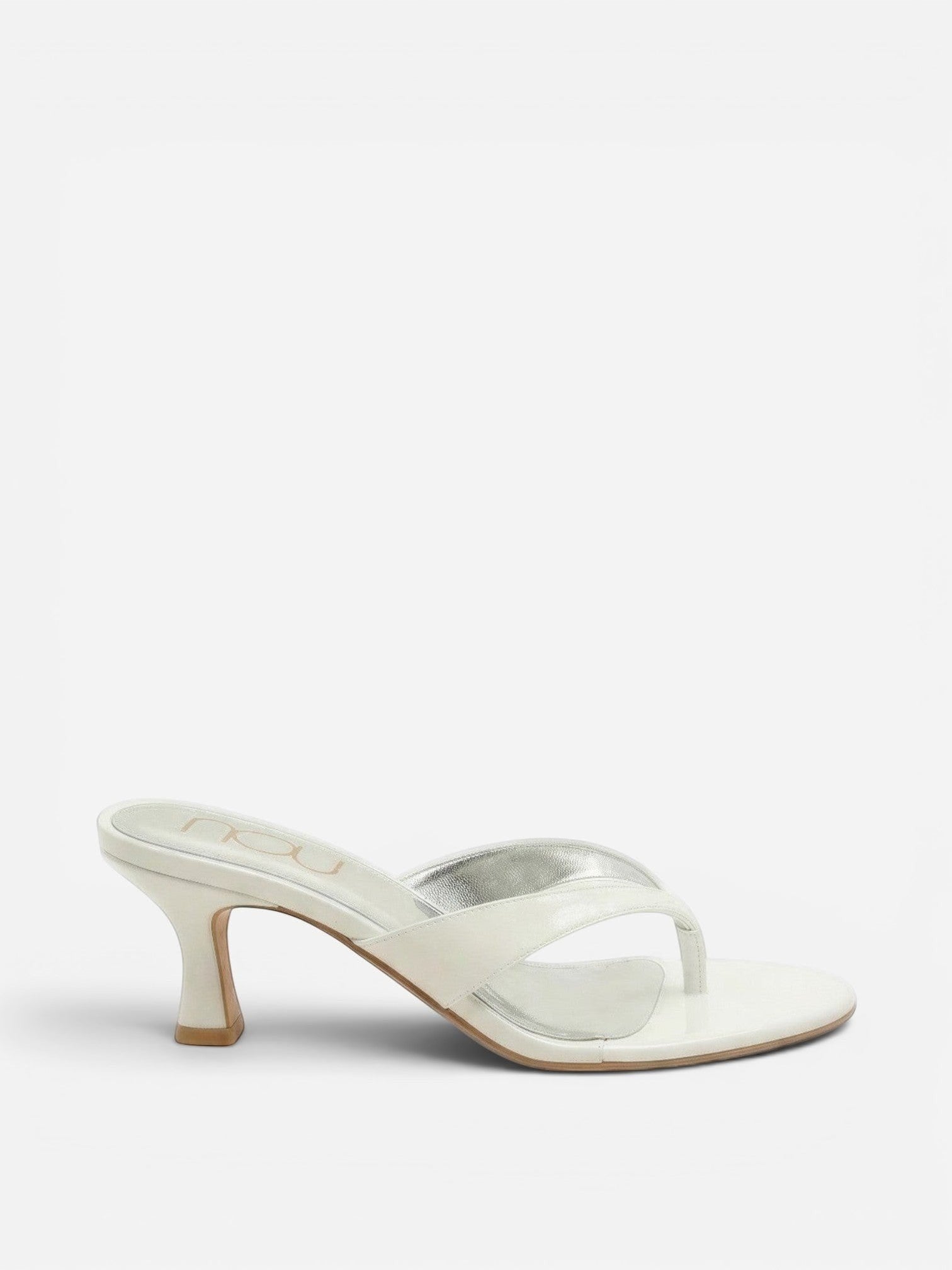 NOU The Kitty white kitten heel thong sandal with sculpted straps and a padded insole for comfortable all-day wear.