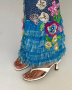 NOU The Kitty white coconut kitten heel sandals with sculpted straps and padded insole worn with a floral skirt
