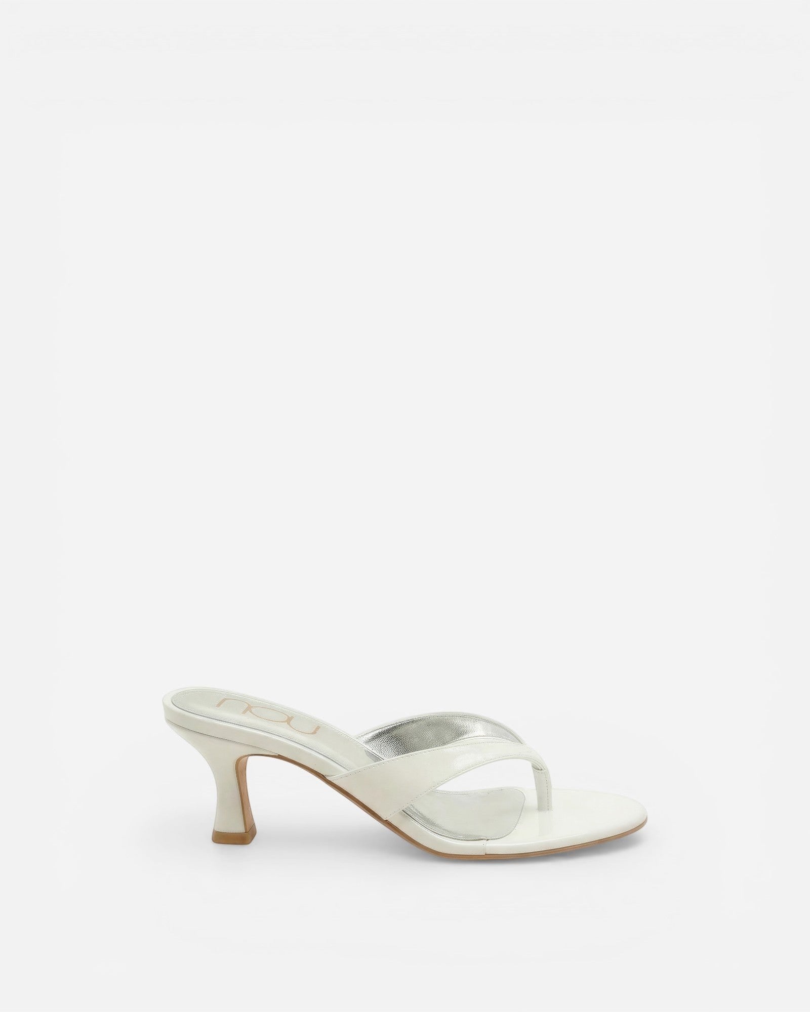NOU The Kitty white kitten heel thong sandal with a sleek minimalist design and silver insole