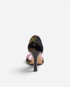NOU The Pump high heel shoe in camo ponyhair with a metallic baby pink insole, back view.