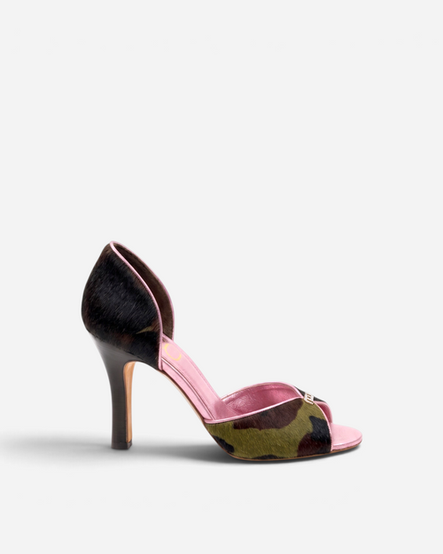 NOU The Pump heels in Undercover Lover camo ponyhair with metallic baby pink insole and open toe design.