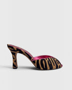 NOU The Mule in tiger print ponyhair with a metallic pink insole and high heel, side view