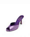 NOU ultraviolet metallic purple mule heel with a peep toe design and branded insole.