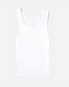 NOU white ribbed cotton tank top with raw hem. A versatile closet staple.