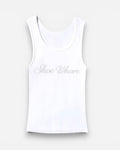 NOU white ribbed tank top with crystal embellished "Shoe Whore" graphic and raw hem.