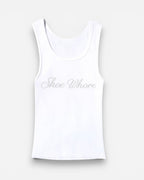 NOU white ribbed tank top with crystal embellished "Shoe Whore" graphic and raw hem.