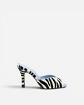 NOU black and white zebra print ponyhair mule with light blue lining and stiletto heel.