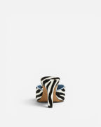NOU black and white zebra print ponyhair mule heels with light blue lining and stiletto heel.