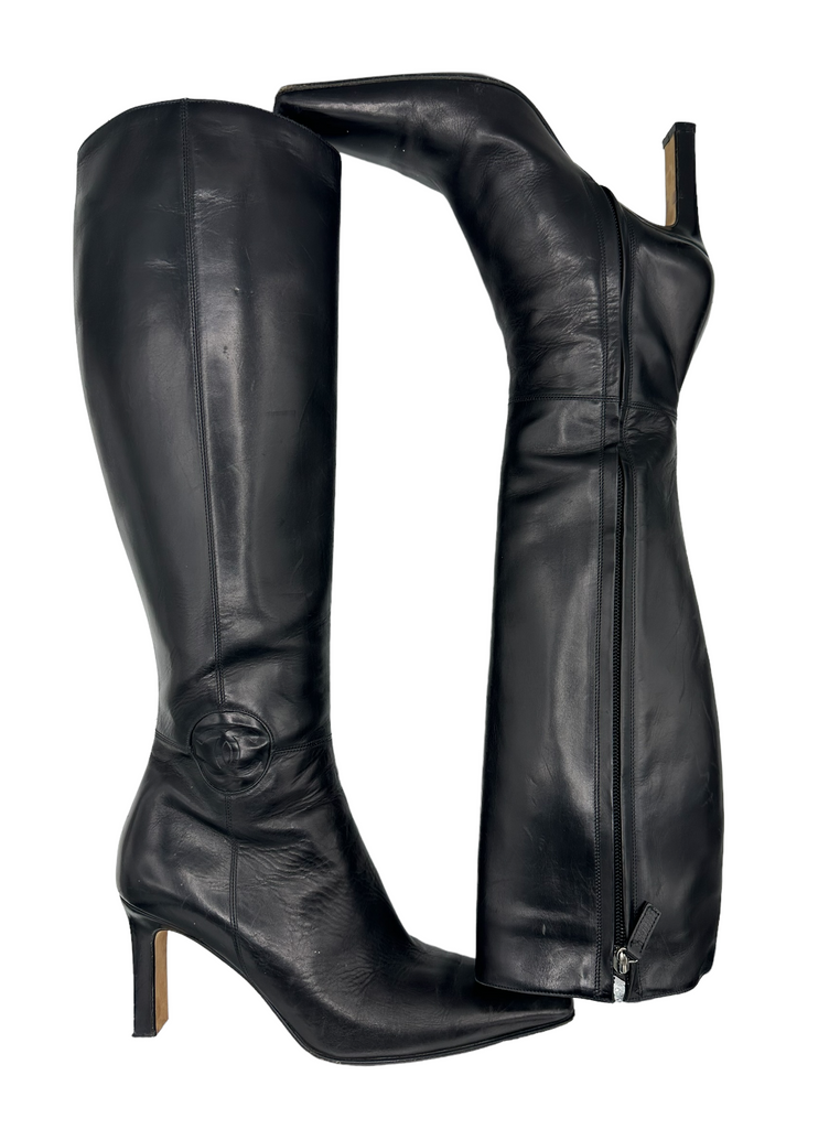 CHANEL Knee-High Logo Leather Boots IT 37.5