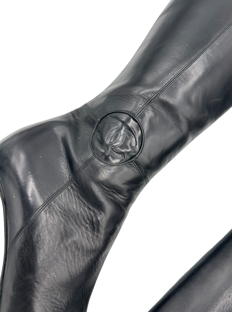 CHANEL Knee-High Logo Leather Boots IT 37.5