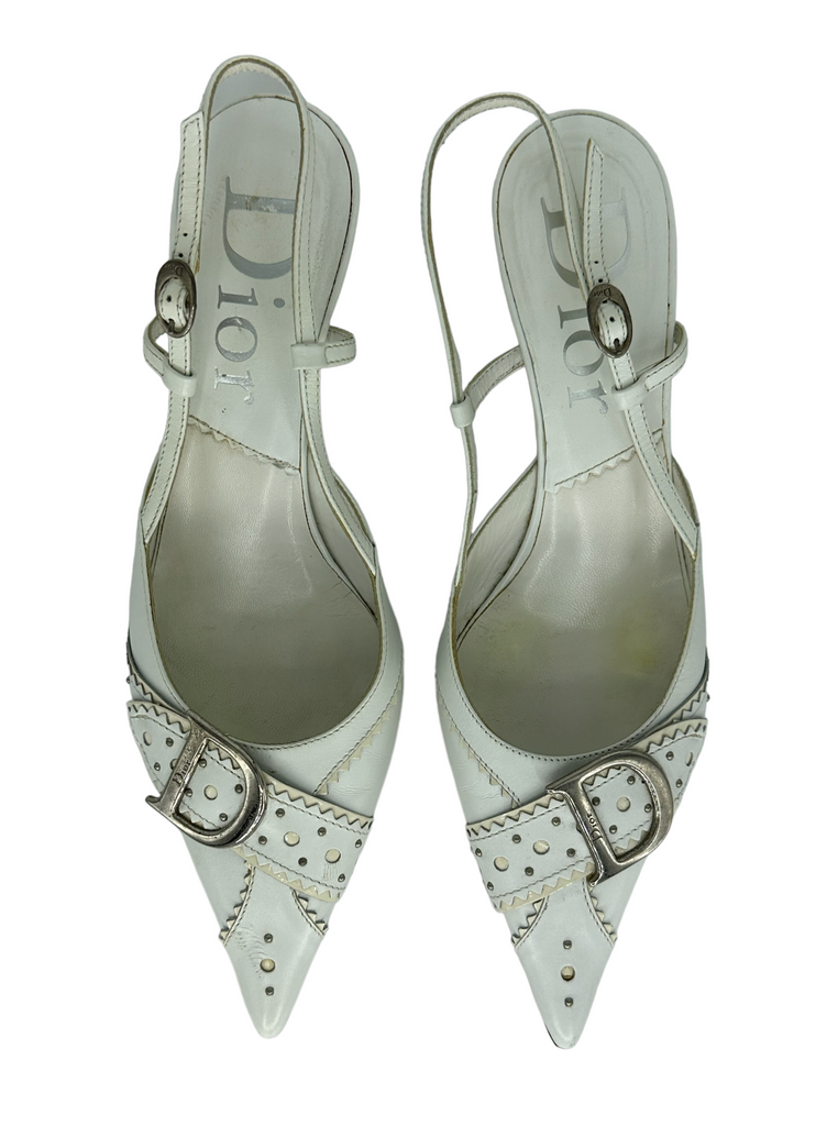 CHRISTIAN DIOR White Buckle Slingback Pumps IT 36