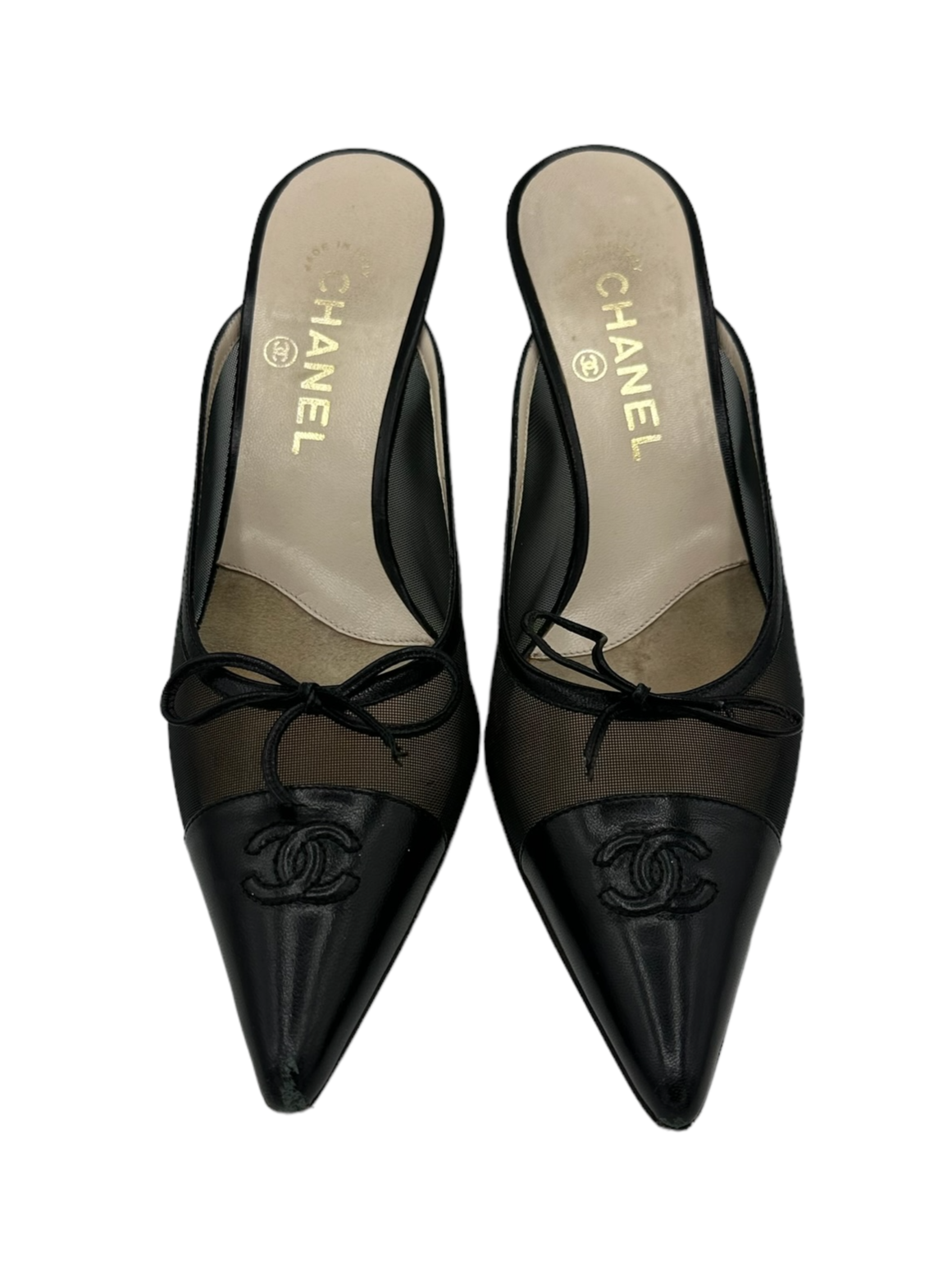 Chanel Black Braided Knit Tweed Logo Sandals Slides Mules 